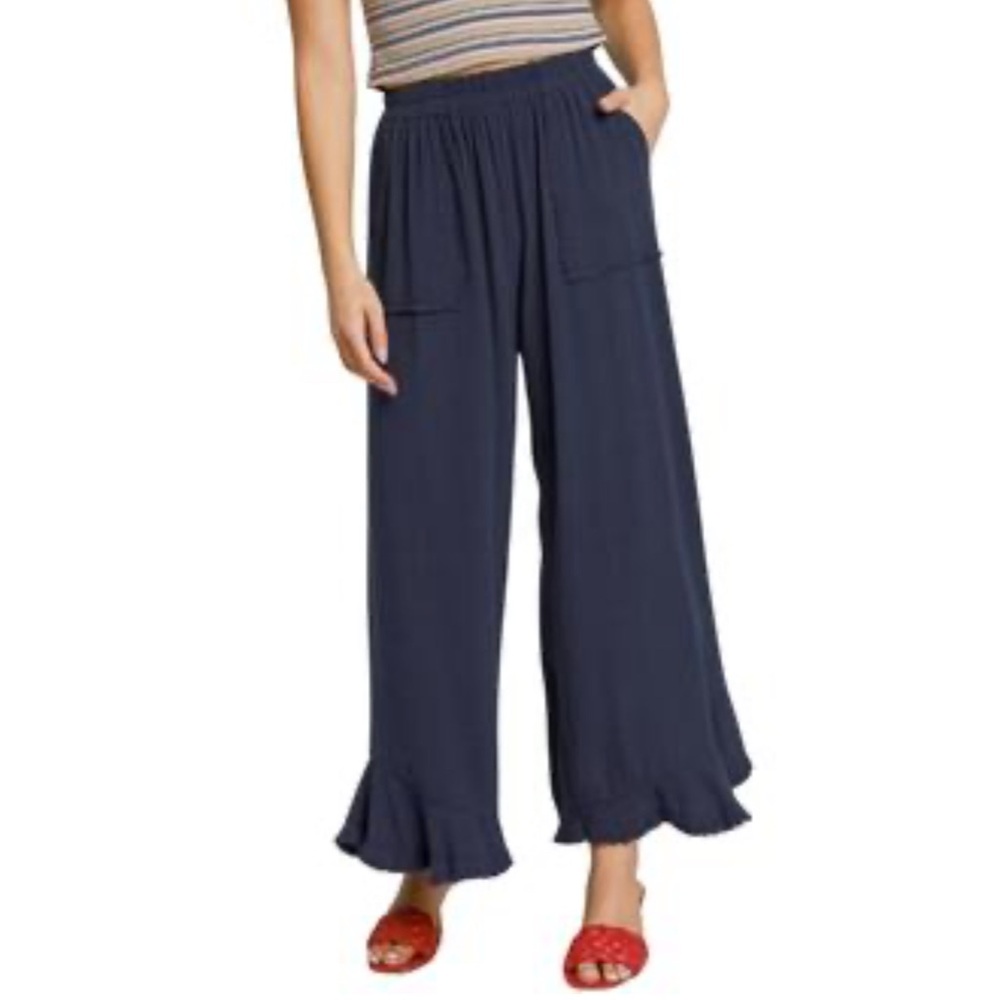 Umgee USA Navy Wide Leg Ruffle Hem Pants – Elastic Waist – Small